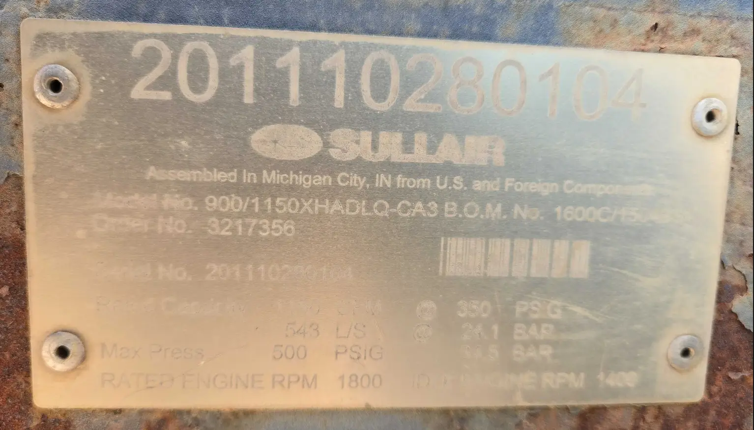 2011 Sullair 9001150XH air compressor