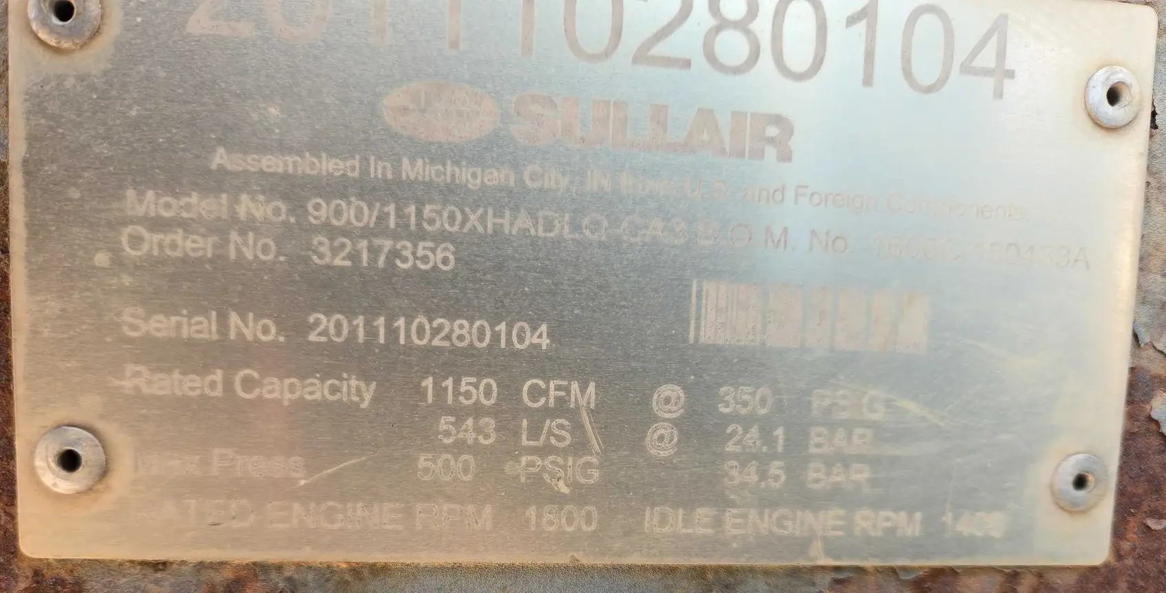 2011 Sullair 9001150XH air compressor